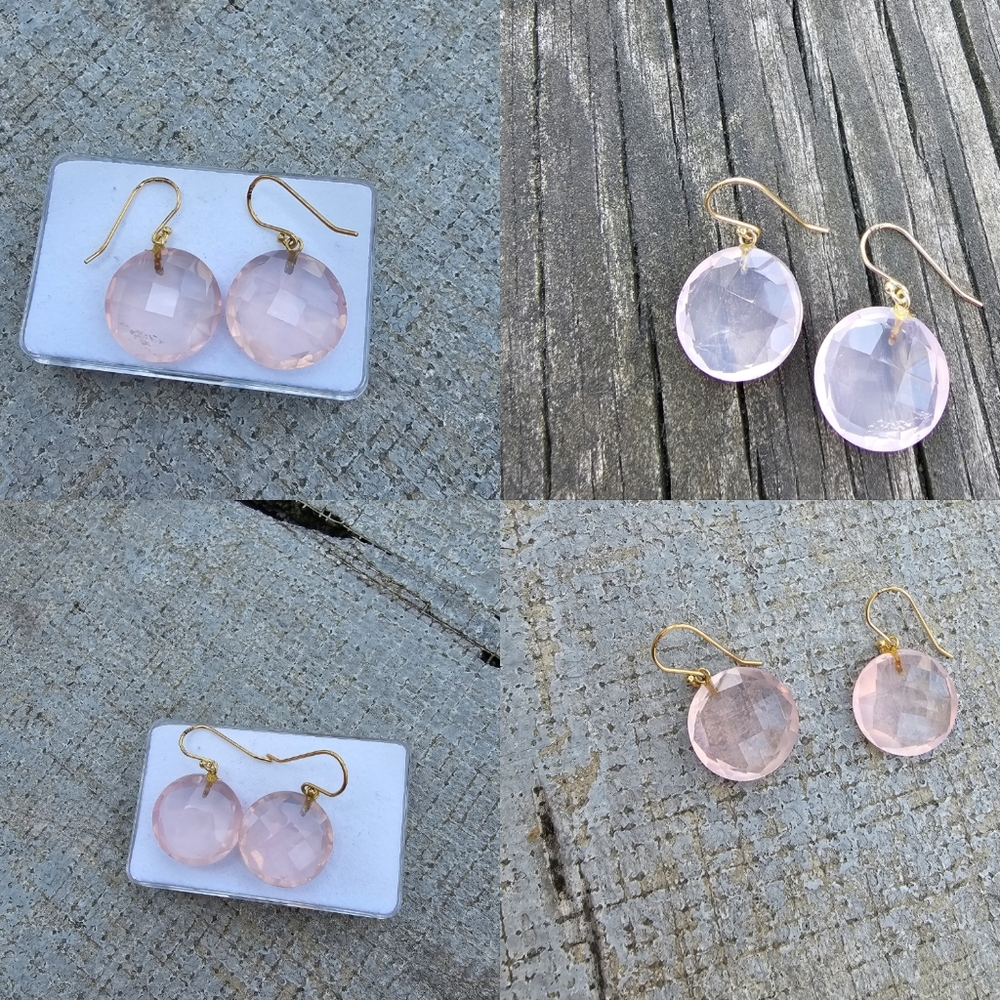 Elegant Rose Quartz And Solid 18k Yellow Gold Shepherd  Hoock Earrings